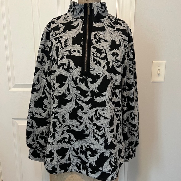 Soft Surroundings Black Grey Swirls Floral Dressy Pullover 1/4 zip L - Picture 1 of 7